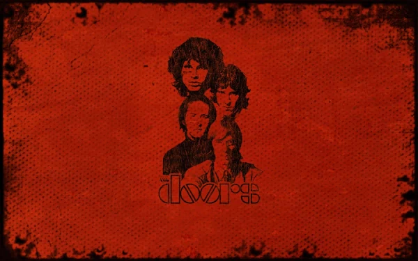 A vibrant red HD wallpaper featuring iconic members of The Doors, with their name stylized below, capturing the essence of the legendary rock band.