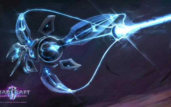HD PC desktop wallpaper — video game StarCraft II: Heart of the Swarm showing a glowing blue alien energy weapon firing a bright beam across a dark, rocky landscape.