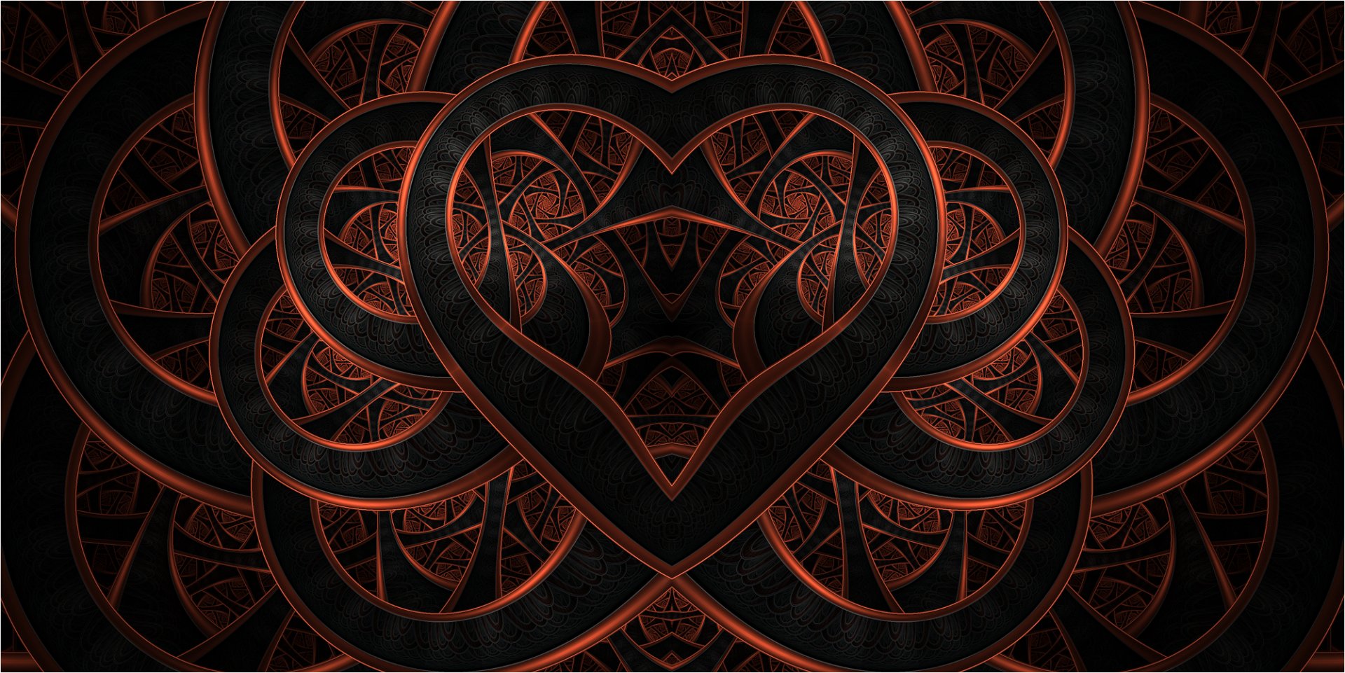 Abstract artistic design featuring intertwining copper-toned heart shapes on a dark background, creating a detailed, symmetrical pattern for an HD PC desktop wallpaper.