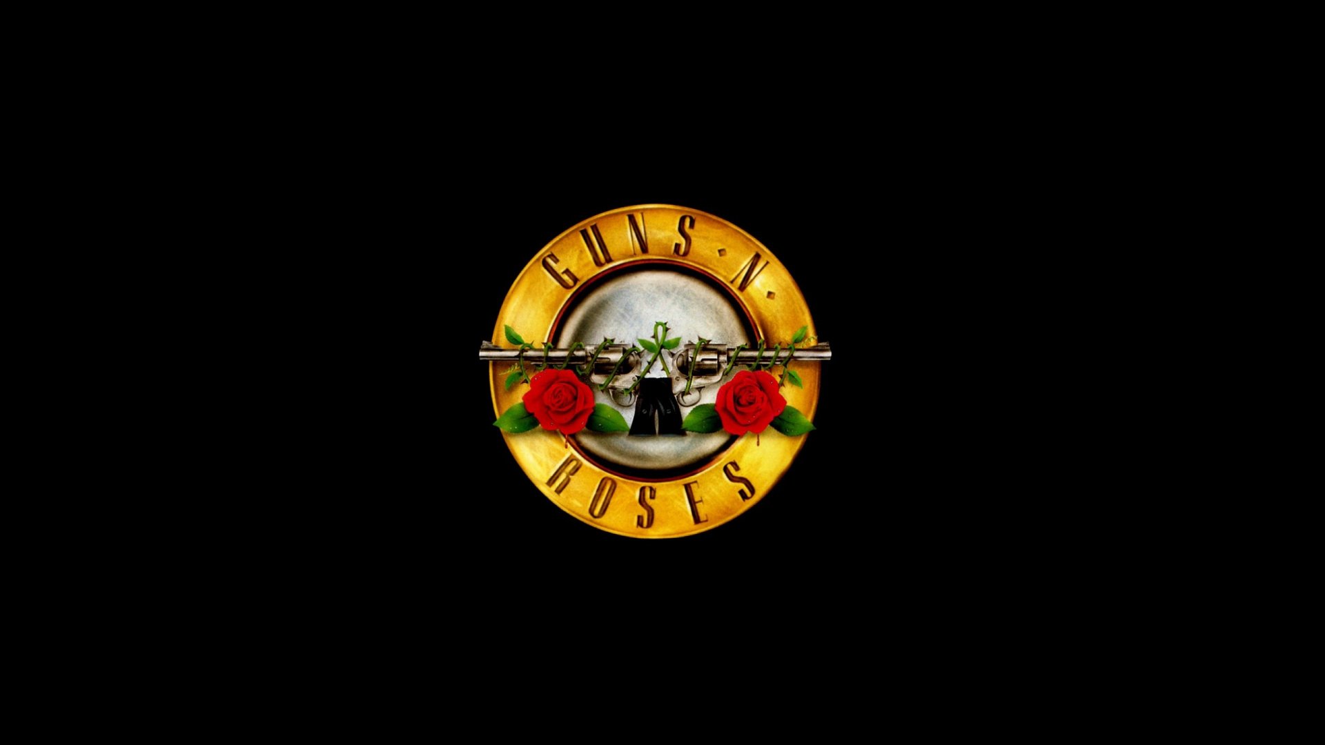 Guns N' Roses logo on a black background, featuring roses and a revolver, designed as an HD PC desktop wallpaper and background for music enthusiasts.