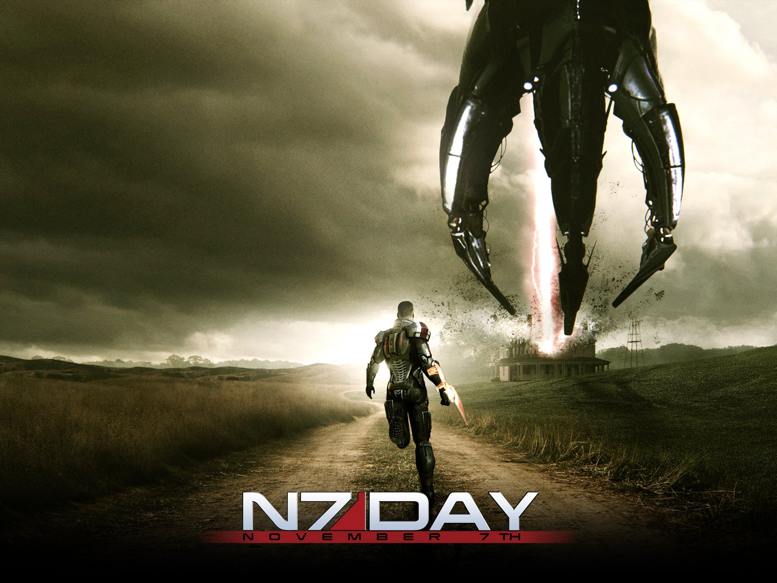 Commander Shepard from the Mass Effect video game stands in a desolate landscape facing a large, ominous mechanical structure, featured in an HD PC desktop wallpaper.
