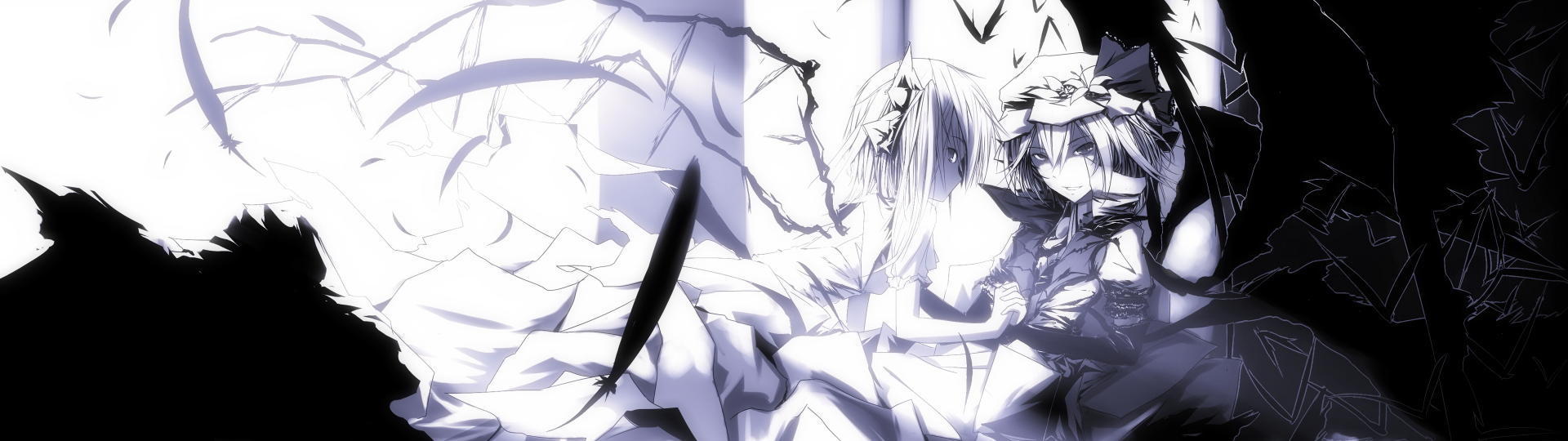 HD PC desktop wallpaper/background anime image of two Touhou characters in monochrome—one in a frilled dress with floral headpiece, the other with long hair and ribbons amid cracks and shadows.