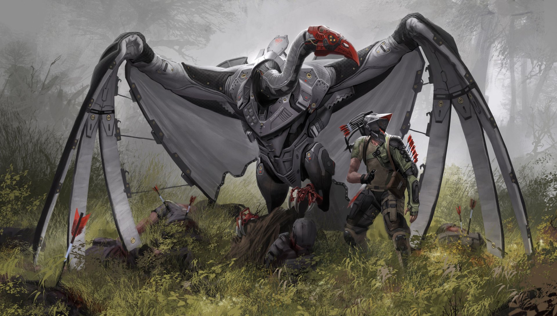 A futuristic sci-fi creature with large mechanical wings confronts a soldier in a misty forest, captured in stunning 4K Ultra HD detail for PC desktop wallpaper.