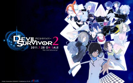 HD PC desktop wallpaper/background of Devil Survivor 2 The Animation — anime ensemble posed in a blue geometric layout with the series logo and release date on the left.