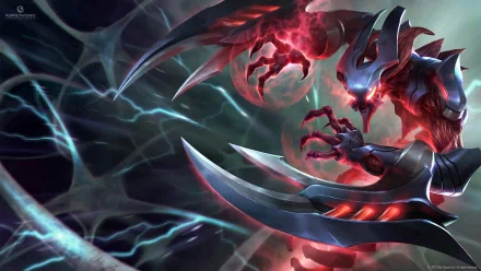 HD PC desktop wallpaper featuring Nocturne, the shadowy champion from the video game League of Legends, with glowing red claws and dark, ominous lightning effects.