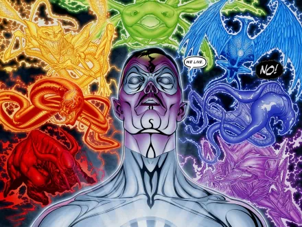 HD PC desktop wallpaper featuring a Green Lantern comic scene with a central character surrounded by colorful cosmic energy constructs in red, orange, green, blue, and purple.