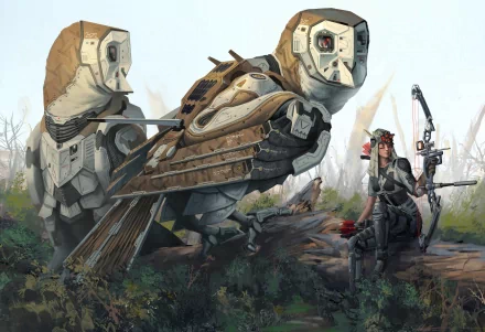 HD desktop wallpaper featuring a sci-fi scene with a human-like robot and large mechanical owl-like robots in a forest setting.