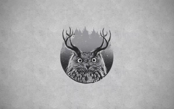 HD desktop wallpaper featuring an artistic depiction of an owl on a textured grey background.