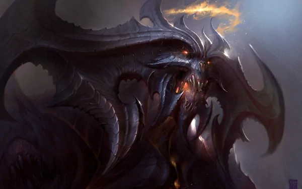 HD PC desktop wallpaper featuring Diablo from the video game Diablo III, showcasing the demon's fiery eyes and menacing presence in dark, atmospheric tones.