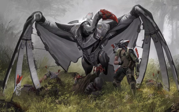 A futuristic sci-fi creature with large mechanical wings confronts a soldier in a misty forest, captured in stunning 4K Ultra HD detail for PC desktop wallpaper.