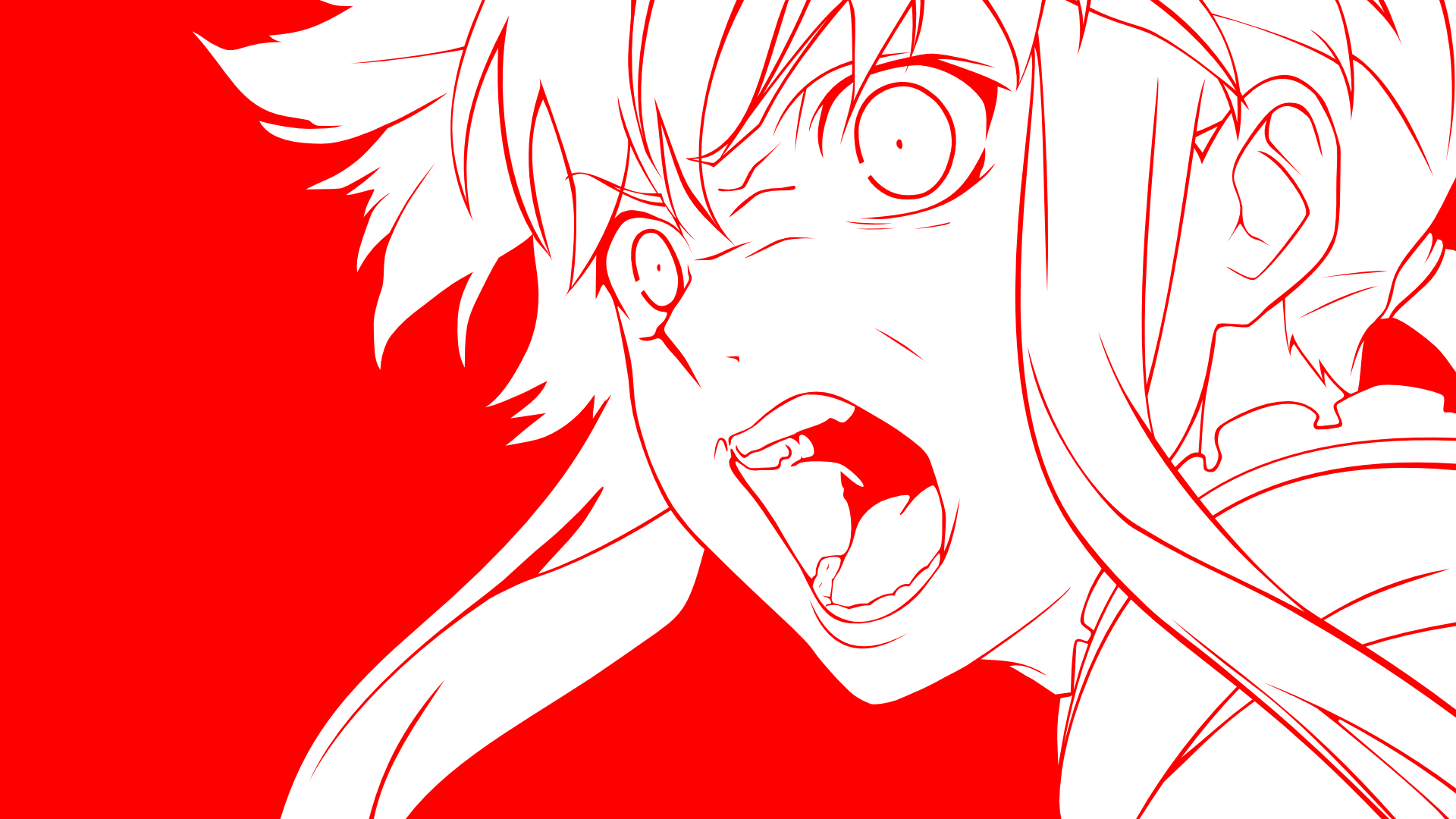 Yuno Gasai from Mirai Nikki depicted in an intense moment, with a vivid red background, showcasing her fierce expression in this HD anime wallpaper.