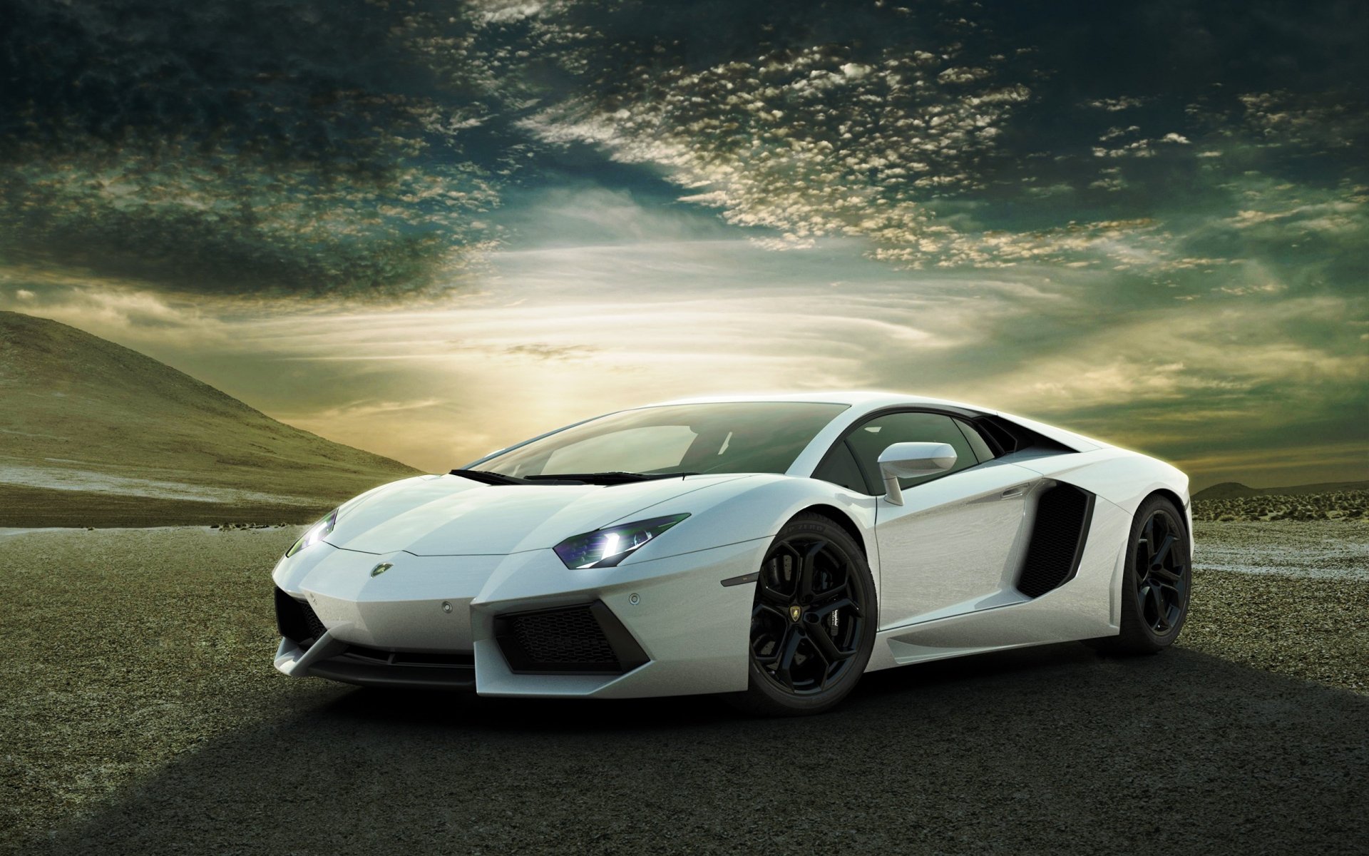 A striking Lamborghini Aventador parked on a rugged landscape, showcasing its sleek design against a dramatic sky. A stunning HD wallpaper for automotive enthusiasts.