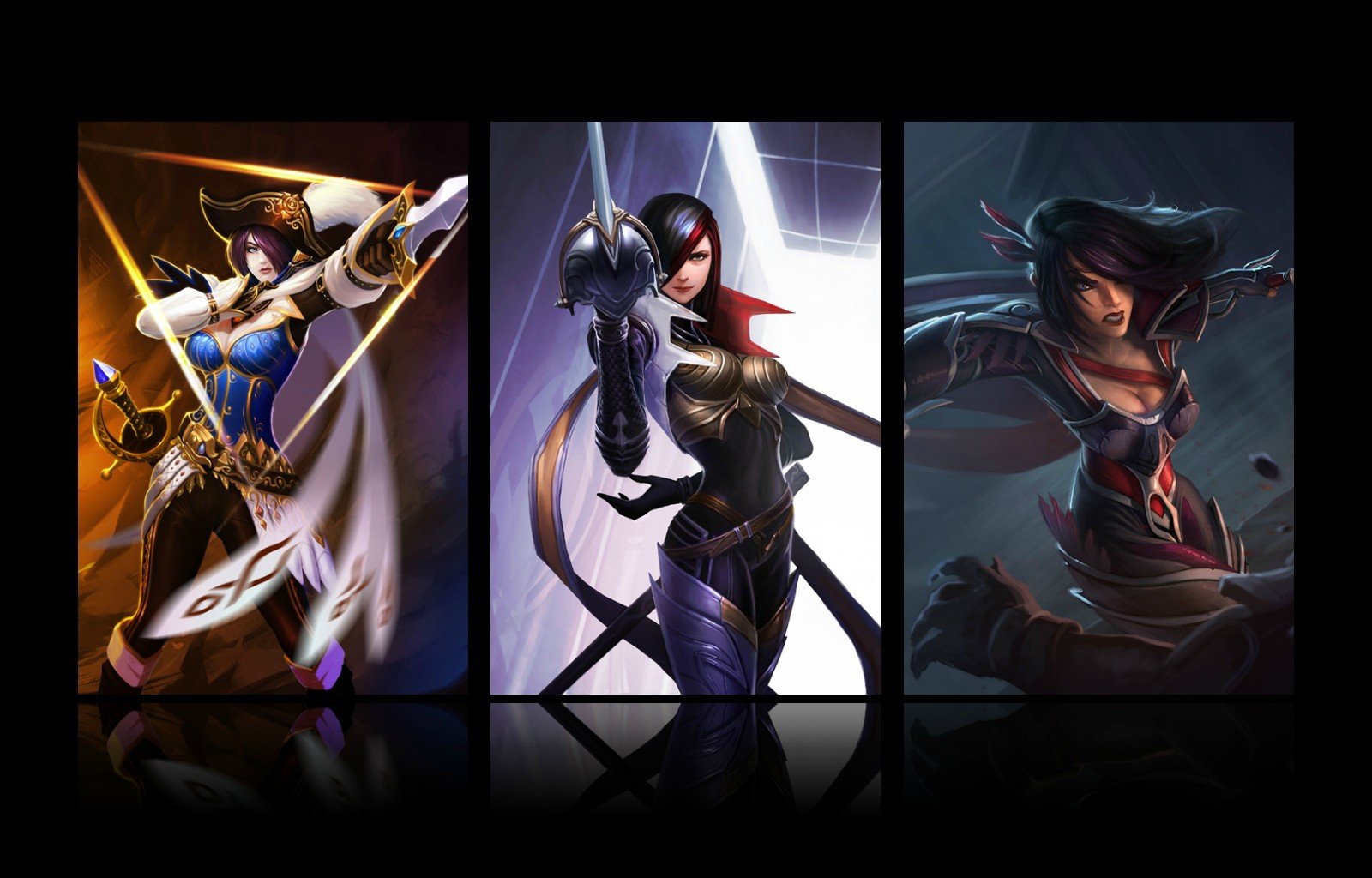 HD PC desktop wallpaper featuring Fiora from the video game League of Legends in three dynamic and stylized action poses.