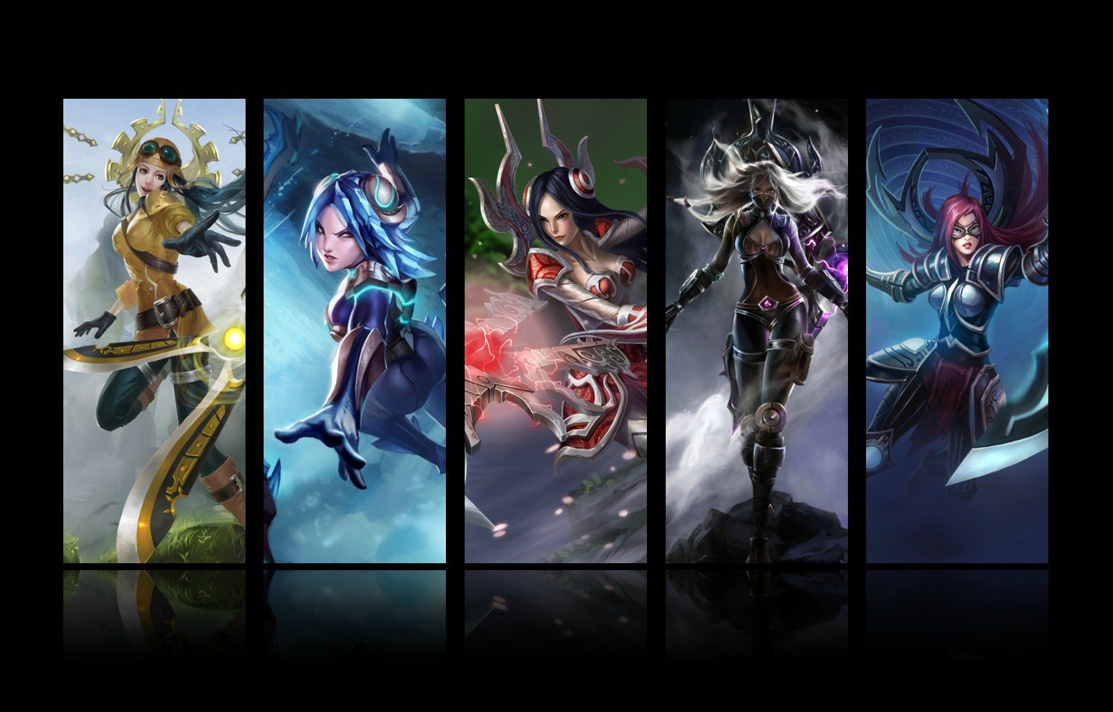 HD PC desktop wallpaper featuring Irelia and other champions from the video game League of Legends in dynamic, action-packed poses.