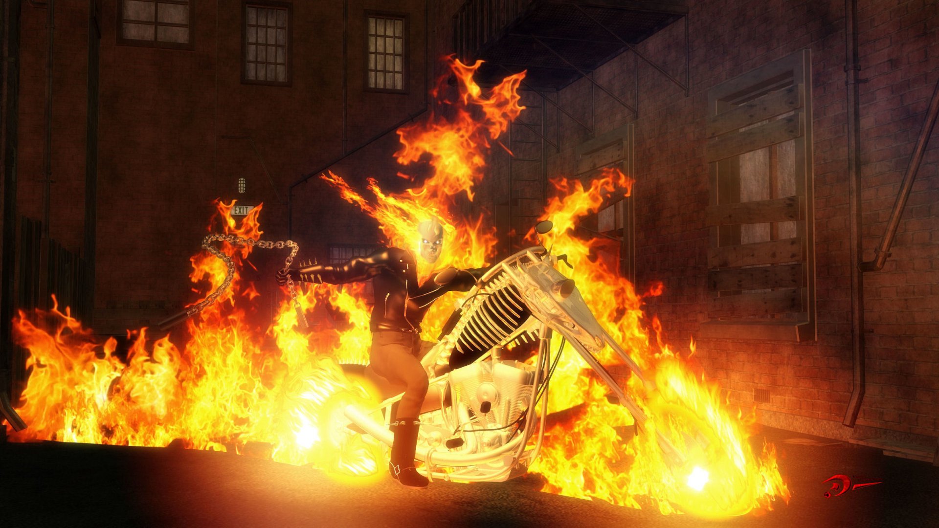 A dynamic HD wallpaper featuring Johnny Blaze as Ghost Rider, revving a flaming motorcycle against a backdrop of vibrant fire and urban scenery.