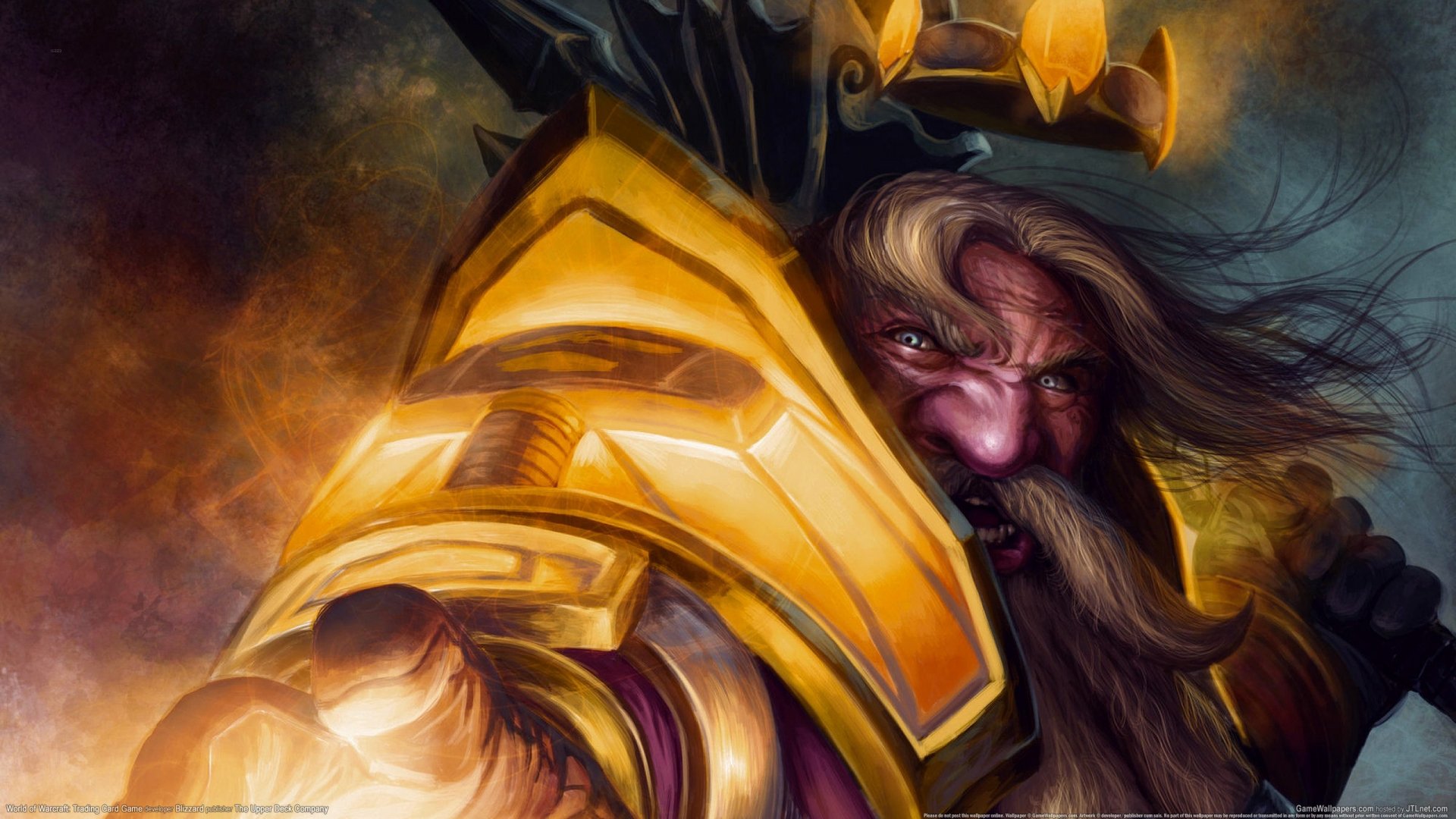World of Warcraft video game artwork: fierce bearded warrior in gleaming golden armor, dramatic lighting — 2K Quad HD PC desktop wallpaper/background