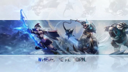 A stunning HD wallpaper featuring Sejuani, Volibear, and Ashe from League of Legends, showcasing their fierce presence against a frosty backdrop with the text WHERE WE'RE BORN.