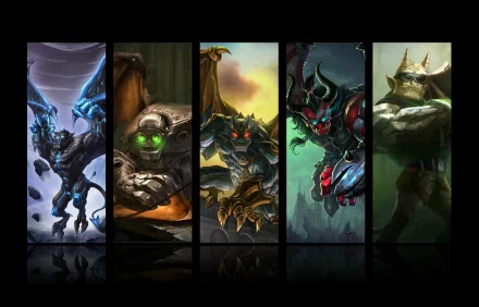 HD PC desktop wallpaper featuring Galio and other champions from the video game League of Legends in dynamic, detailed artwork panels.
