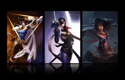 HD PC desktop wallpaper featuring Fiora from the video game League of Legends in three dynamic and stylized action poses.