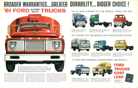 1961 Ford Super Duty trucks advertisement featuring various 4K Ultra HD models, showcasing durability and warranty benefits for heavy-duty vehicles.