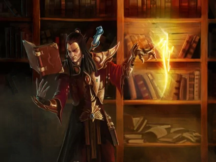 HD PC desktop wallpaper featuring the Wizard character from Diablo III casting a fiery spell in a dimly lit library setting.