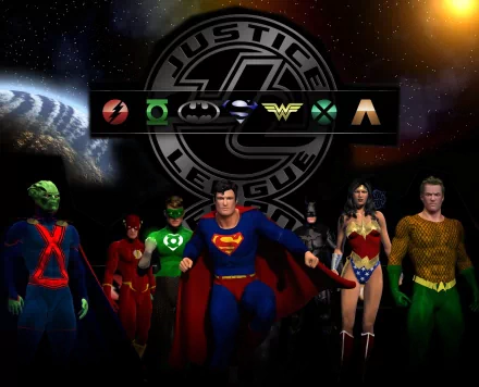 DC Comics Justice League wallpaper featuring iconic heroes: Superman, Wonder Woman, Batman, Aquaman, Flash, Green Lantern, and Martian Manhunter against a cosmic background.