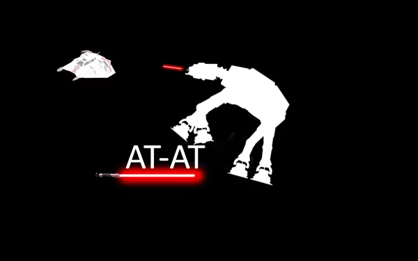HD PC desktop wallpaper: white AT‑AT walker silhouette on a black background with red laser beams and AT‑AT text — sci‑fi Star Wars motif.