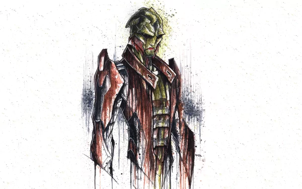 HD desktop wallpaper of Thane Krios from the Mass Effect video game series, featuring a stylized, artistic portrayal with detailed shading and a white background.