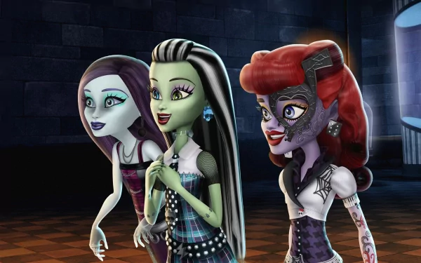 4K Ultra HD desktop wallpaper featuring characters from the movie Monster High: Ghouls Rule in a dark, castle-like setting.