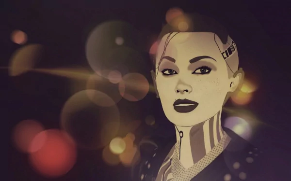 HD PC desktop wallpaper featuring Jack from the video game Mass Effect, with a stylized portrait and soft glowing bokeh effects in the background.