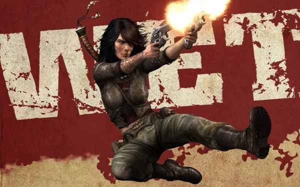 HD PC desktop wallpaper featuring a dynamic action scene from the video game Wet, showing a female character firing two guns mid-air against a bold red background.