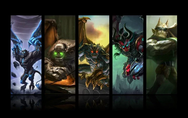 HD PC desktop wallpaper featuring Galio and other champions from the video game League of Legends in dynamic, detailed artwork panels.