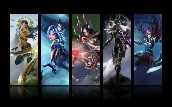 HD PC desktop wallpaper featuring Irelia and other champions from the video game League of Legends in dynamic, action-packed poses.