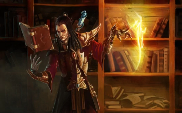 HD PC desktop wallpaper featuring the Wizard character from Diablo III casting a fiery spell in a dimly lit library setting.