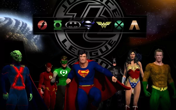 DC Comics Justice League wallpaper featuring iconic heroes: Superman, Wonder Woman, Batman, Aquaman, Flash, Green Lantern, and Martian Manhunter against a cosmic background.