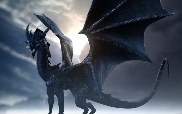HD fantasy PC desktop wallpaper featuring a majestic black dragon with spread wings against a cloudy, moonlit sky.