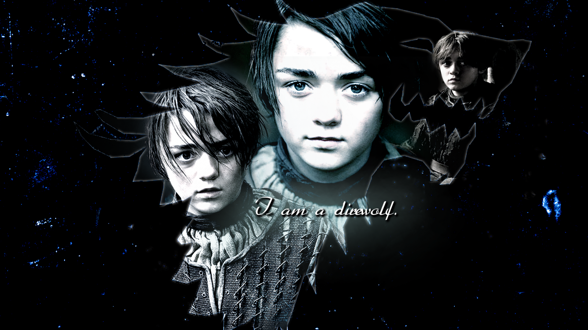 A striking HD wallpaper featuring Maisie Williams as Arya Stark from *Game of Thrones*, showcasing her iconic quote, I am a direwolf, against a dramatic black backdrop.