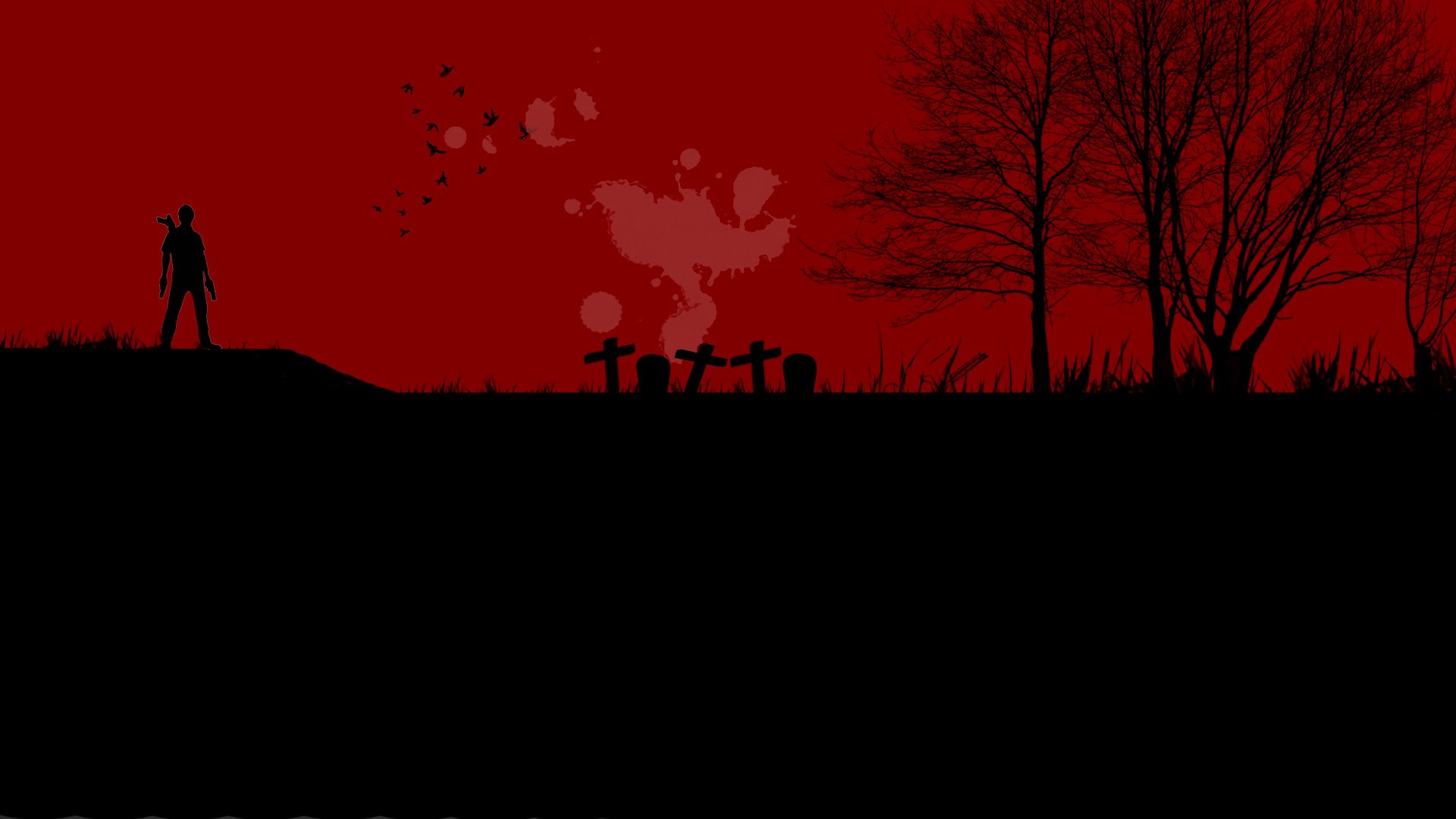 Surreal dark artistic HD desktop wallpaper featuring a zombie silhouette near a graveyard under barren trees against a deep red sky.