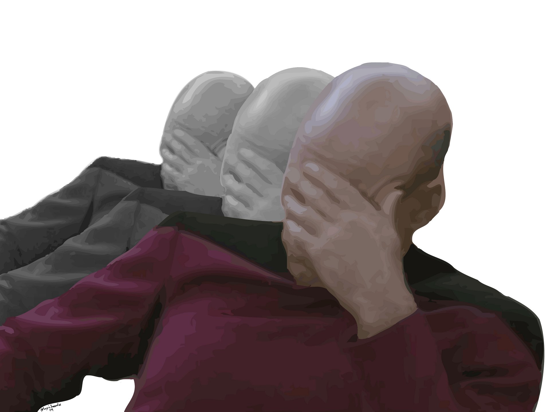Tripled facepalm of a Starfleet captain from the TV show Star Trek: The Original Series, stylized 4K Ultra HD PC desktop wallpaper and background.