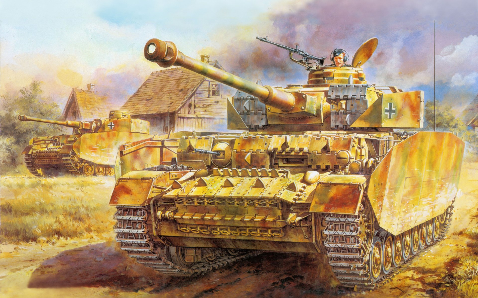 4K Ultra HD digital painting of a military Panzer IV tank advancing through a village with soldiers atop, set against a cloudy sky background.