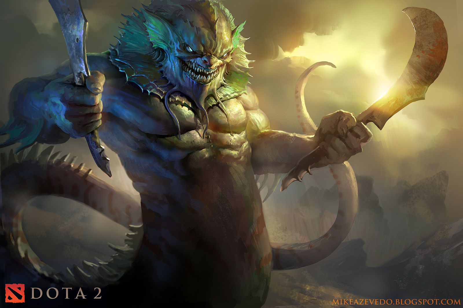 HD PC desktop wallpaper featuring a fierce sea monster character from the video game DotA 2, wielding weapons amid a stormy, dramatic background.