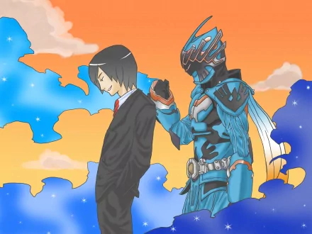 A stunning HD desktop wallpaper featuring characters from the TV show Kamen Rider, showcasing a suited figure beside a heroic Kamen Rider against a vibrant sunset backdrop.