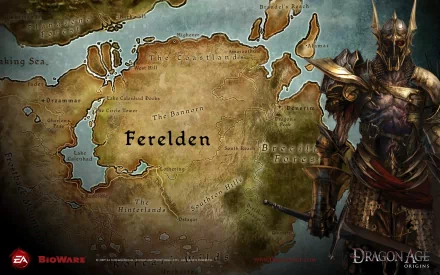 A detailed map of Ferelden from Dragon Age: Origins, featuring a knight in armor, serves as a striking HD PC desktop wallpaper and background.