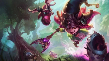 HD desktop wallpaper featuring Lulu, a character from the video game League of Legends, with vibrant colors and a whimsical forest background.