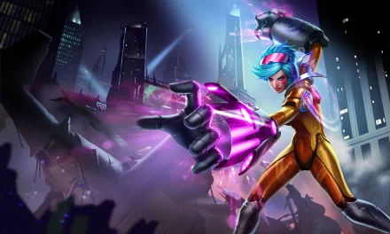 A dynamic 4K Ultra HD wallpaper featuring VI from League of Legends, showcasing her powerful stance and vibrant colors against a futuristic city backdrop.