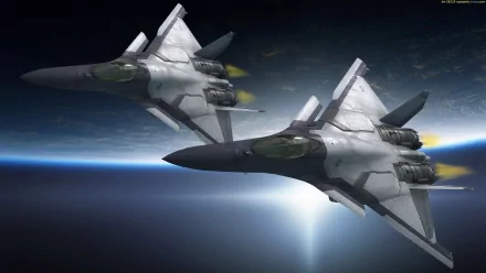 Two futuristic fighter jets soar through space, set against a distant planet and the edge of the atmosphere, inspired by the Sci-Fi aesthetics of Ace Combat in this HD wallpaper.