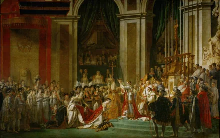 A detailed 4K Ultra HD painting depicting the coronation of Napoleon, featuring a crown and a grand, artistic scene full of historical grandeur.