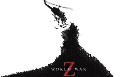 A dramatic HD wallpaper from the movie World War Z, featuring a helicopter hovering above a towering mass of chaos, embodying the tension of a zombie apocalypse.