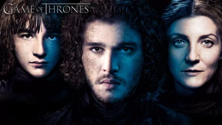 HD Game of Thrones desktop wallpaper featuring Isaac Hempstead-Wright as Bran Stark, Kit Harington as Jon Snow, and Michelle Fairley as Catelyn Stark.