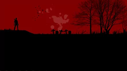 Surreal dark artistic HD desktop wallpaper featuring a zombie silhouette near a graveyard under barren trees against a deep red sky.